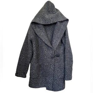 PAUL COSTELLOE Wool Knit Jacket Cardigan Hood Leather Sweater Pocket Shawl 10